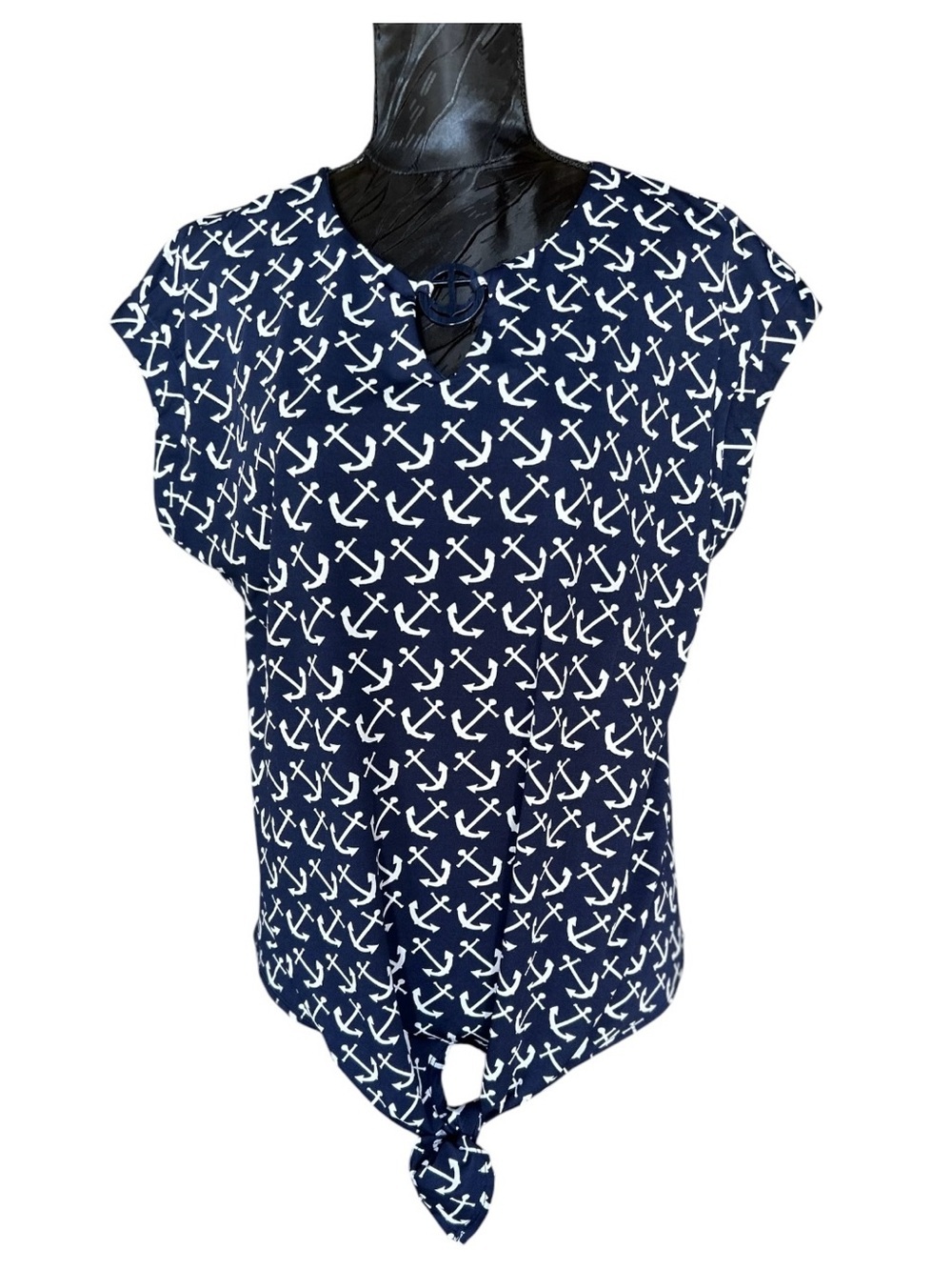 Tacera Navy Anchor Tie Front Top Small